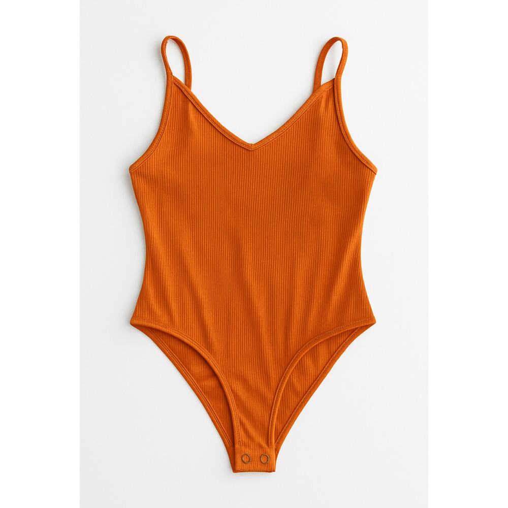 American Eagle Orange Ribbed Bodysuit Women’s Size S Snap Crotch V-Neck Stretchy